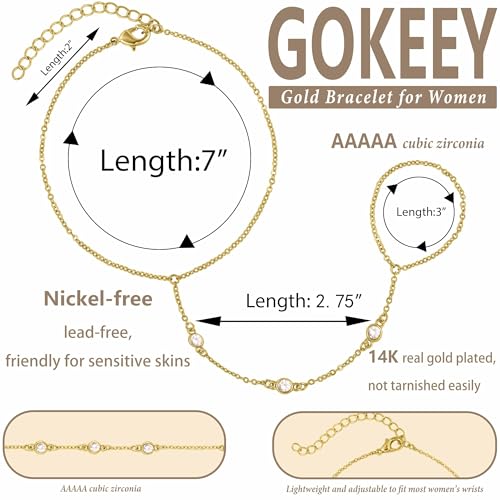 Gokeey Gold Hand Chain Bracelet for Women Trendy, Dainty 14k Gold Plated Ring Bracelet Hand Chain Finger Ring Slave Cuff Bracelet Cubic Zircon Hand Jewelry for Women Accessories - style: 3cz hand chain
