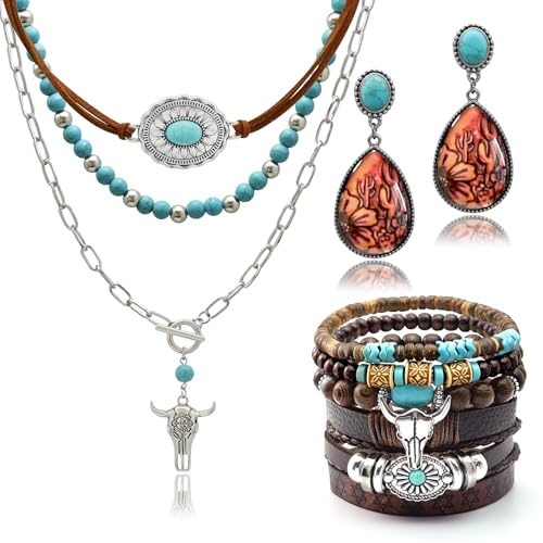 3 Pcs Layered Western Jewelry Set for Women Boho Turquoise Beaded OX-Head Necklaces Western Cactus Cowboy Chic Earrings Rustic Cowgirl Stack Bracelets Country Concert Outfits Accessory - color: Turquoise OX-Head