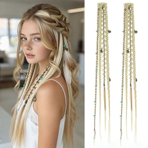 2PCS Boho Dreadlock Clip In Braids with Charms and Beads, Handmade Dreadlock Braids Hair Extensions Synthetic Braided Hairpieces for Women (Light Blonde 20 Inch) - color: Light Blonde, size: 20 Inch