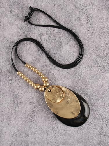 GelConnie Long Necklaces for Women Boho Large Pendant Necklace Casual Bohemian Brown Leather Choker Sweater Circle Statement Stone Necklace - style: Black Teardrop Necklace