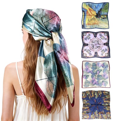Ciormis 35" Silk Head Scarf for Women, 4 Pcs Satin Hair Scarf Square Silk Bandana Top Neck Scarves Hair Wraps for Sleeping - color: C1-art-set2
