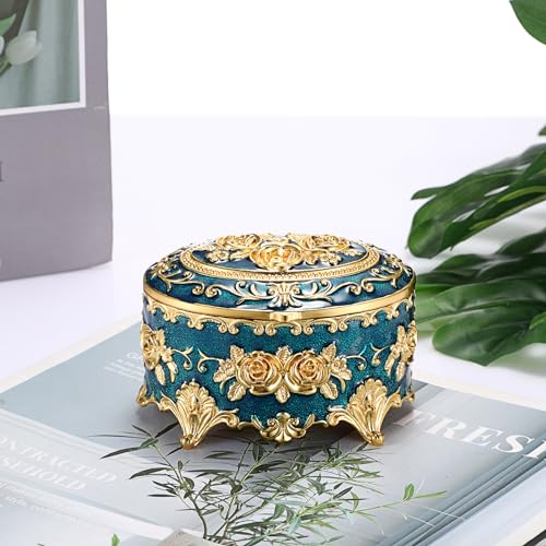Hipiwe Vintage Metal Jewelry Box - Oval Trinket Box Ring Case with Rose Pattern Jewelry Storage Box for Ring Earrings Necklace, Keepsake Box for Women - color: Blue