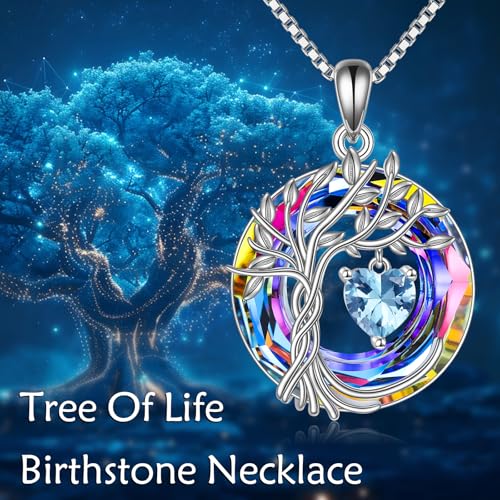 POPLYKE Mothers Day Gifts for Mom Her Wife Tree of Life Necklace 925 Sterling Silver Birthstone Pendant with Crystal Anniversary Birthday Wedding Jewelry for Women - color: 03-Mar-Aquamarine, style: White Gold Plated-Volcano Crystal