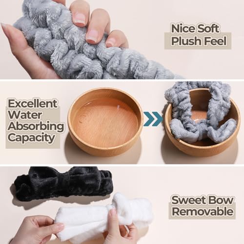 LEOBRO Spa Headband, 6pcs Makeup Headbands and Hair Scrunchies, Bow Skin Care Headband for Washing Face for Teen Girls Women, Easter Basket Valentines Gifts for Girls, Black & White & Gray - color: Black, White, and Gray