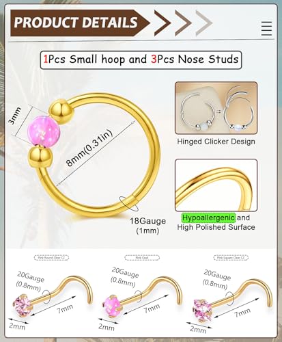 Opal Nose Ring Studs Horseshoe Nose Rings Hoops Stud 316L Stainless Steel Nose Rings Round CZ Square Screw L Shaped Nose Stud Hypoallergenic Nostril Piercing Jewelry for Women Men - color: Gold/Pink gem/18g 8mm hoop/Screw Studs