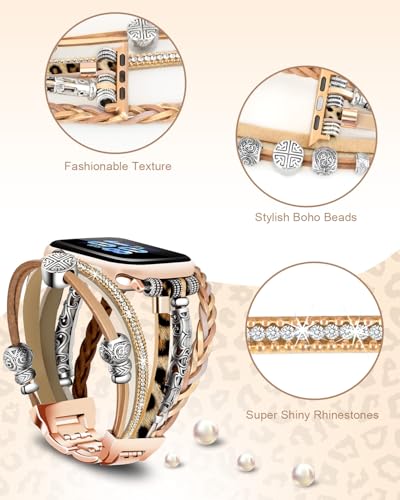 Compatible with Apple Watch Band 40mm for Women, Boho Bracelet for Apple Watch 38mm 41mm, Multilayer Leather Wrap Braided Strap for iWatch Series 11/10(42mm)/9/8/7/6/5/4/3/2/1/SE Leopard khaki - color: A-Leopard khaki, size: 42(series 11/10)/41/40/38mm