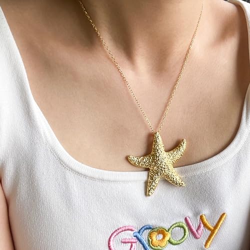 Seashell Starfish Necklace for Women Conch Shell Summer Pearl Beach 14k Gold Layered Dainty Choker - style: Beach