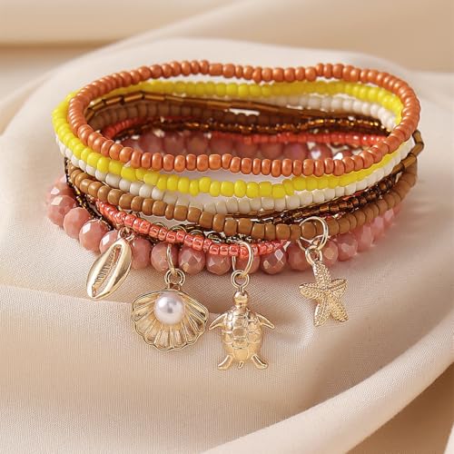 Caiyao Bohemian Multilayer Stackable Seed Beaded Bracelets Colorful Crystal Glass Beads Strand Bangle Bracelet BFF Wristbands Bracelet for Women Summer Beach Hawaii Jewelry Birthday Gifts - color: Brown-starfish