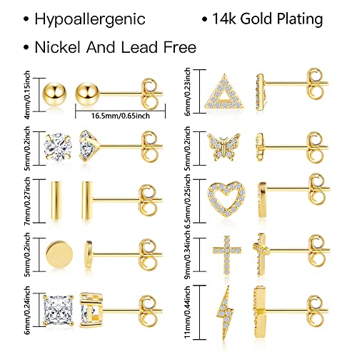 BOUTIQUELOVIN 14K Gold Stud Earrings Set for Women, for Multiple Piercing Silver Plated Studs Earrings and Zirconia Earring Set Small Huggie Hoop Chain Earing - color: 10Pairs Gold Studs
