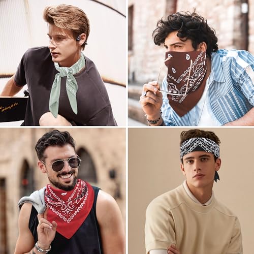 Mochabao 100% Cotton 27" x 27" Large Bandanas for Men & Women, Multi-Purpose Bandana Headbands, Square Head Scarf - color: Red/Black/Brown/Sage Green