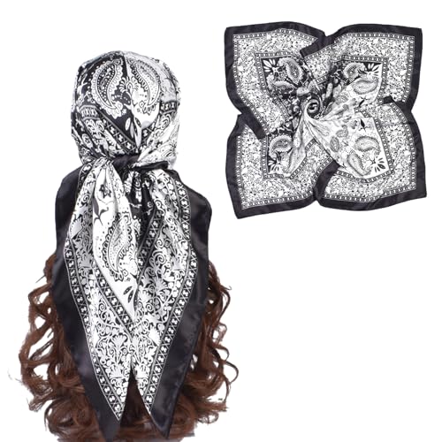 35 x 35 Women's Fashion Pattern Large Square Silk Like Hair Scarf Head Sleeping Wrap Satin Neck Bandana for Gift… - color: Double Cashew Nuts-black
