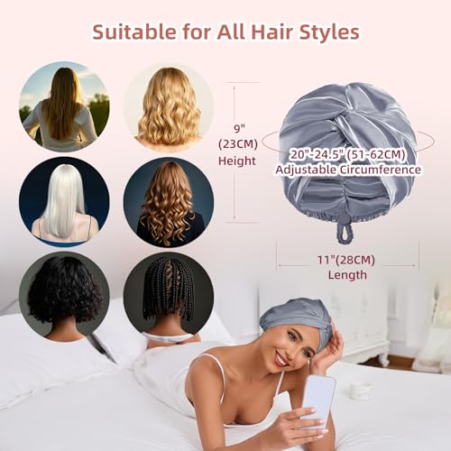 Adjustable Silk Satin Hair Bonnet for Sleeping Women, Double Layer, Silk Hair Wrap for Sleeping Women Men, Curly Natural Braid Straight Unisex - Slate Grey - color: Slate Grey