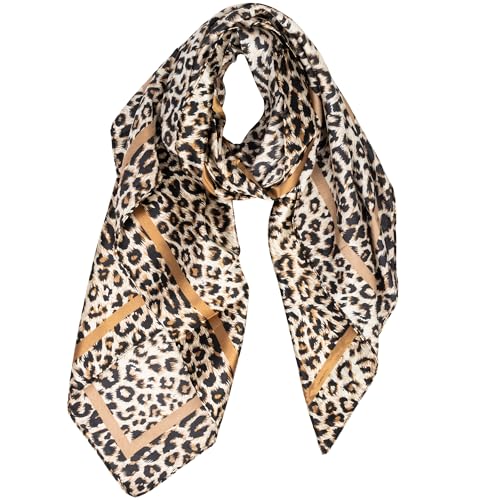 UTOWO Vintage Leopard Print Square Scarf, Light Khaki Satin Silk Feeling Bandana, Women’s Stylish Neck & Head Scarf