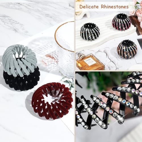DIQIUREN 6 PCS Expandable Birds Nest Hair Clip Accessories for Women and Girls, 3 PCS Rhinestone Bird Nest Magic Hair Clip for Ponytail Holder and 3 PCS Fixed Velvet Birds Nest Hair Clips for Women - color: Color-Velvet & Rhinestones