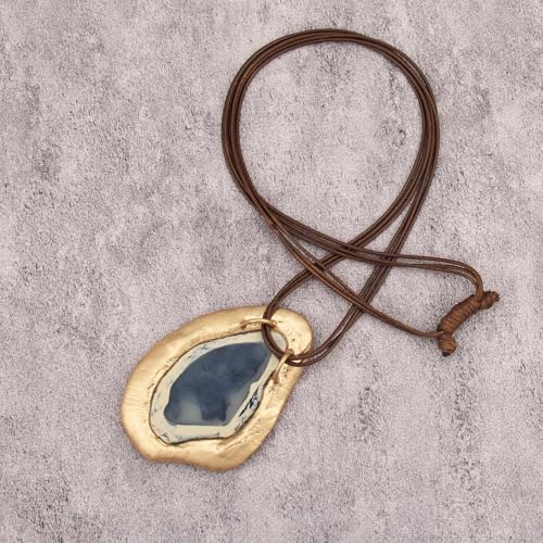 GelConnie Leather Necklace for Women Large Pendant Long Brown Necklace Circle Leather Choker Vintage Sweater Necklace Gold Chunky Boho Necklaces for Women - style: Blue Big Pendant Necklaces