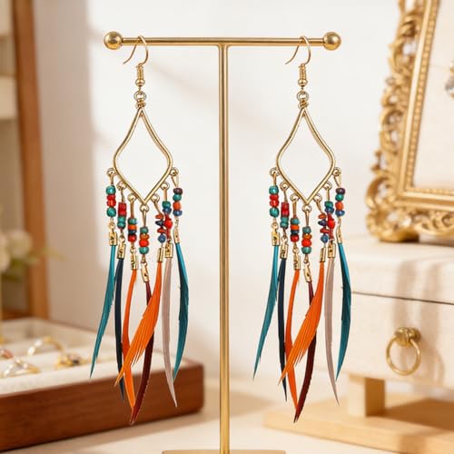 FRESHME Native American Earrings for Women - Ethnic Indian Feather Earrings, Western Jewelry for Photoshoot Music Festival