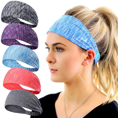 5 Pack Wide Headbands for Women, Sweat-Absorbing Sport Sweatbands, Soft Elastic Yoga Hairbands, Comfortable Hair Bands for Fitness Workout Travel Exercise - color: 5 Packs