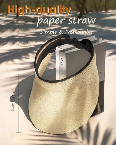 Senker Fashion Sun Hats Visor for Women, Straw Beach Hat Adjustable Wide Brim Ponytail Packable for Summer Travel UPF 50+ - color: Beige
