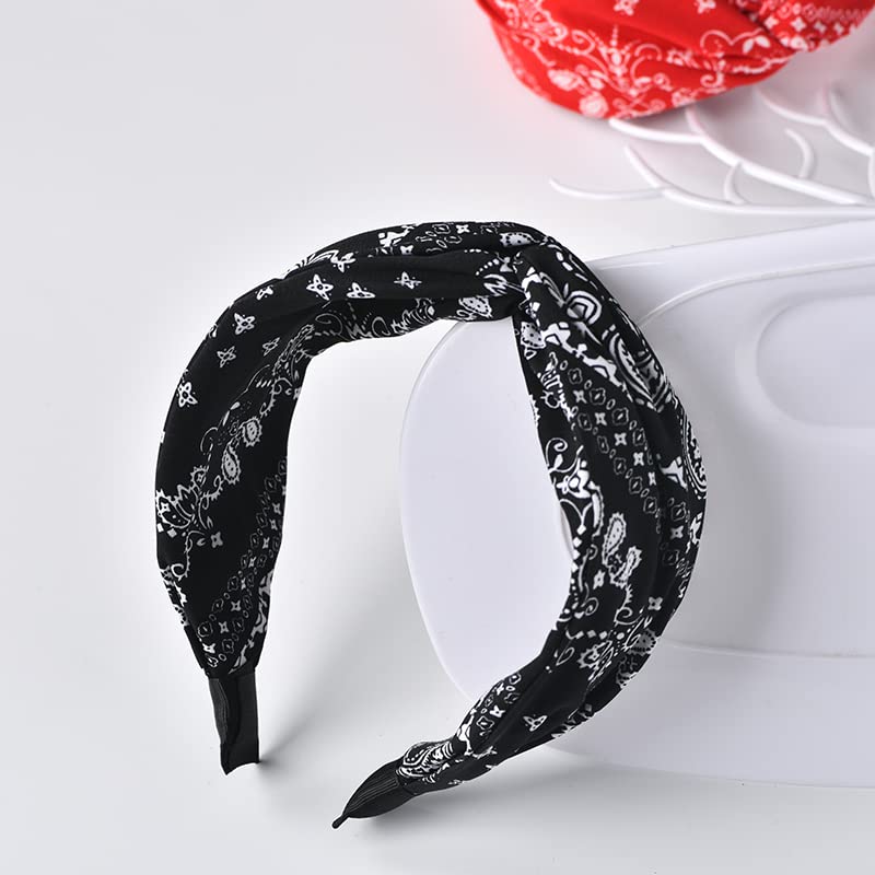 Boho Black Paisley Knotted Headband - Wide Twisted Knot, Non-Slip Bandana for Women and Girls' Hair - color: black