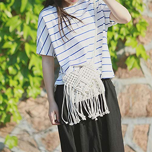 Goclothod Women Crochet Fringed Shoulder Bag Cotton Tassel Crossbody Bag Hippie Beach Purse - color: White