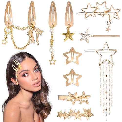 10PCS Gold Hair Clips Dangle Star Hair Clips Metal Snap Star Barrettes 9 Shapes Y2K Hair Accessories for Women and Girls - color: Gold