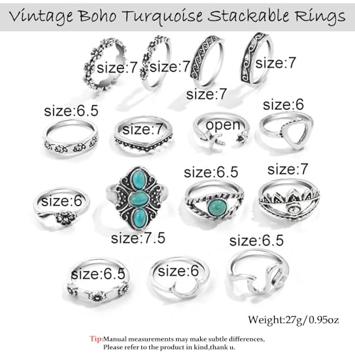 Bohemian Joint Knuckle Rings Set for Women,Vintage Boho Turquoise Stackable Rings Chunky Retro Turquoise Midi Finger Ring Statement Western Jewelry - style: Style D