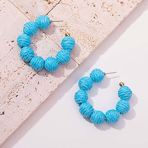 Raffia Hoop Earrings Statement Boho Beaded Earrings Cute Rattan Handmade Colorful Jewelry for Women Unique Summer Outfits - color: Blue