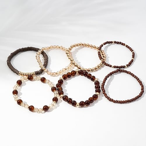 GOOJIDS Surfer Heishi Clay Bead Bracelets for Women Bohemian Stackable Gold Plated Beaded Stretch Bracelets Elastic Layering Friendship Bracelets Set Boho Jewelry - color: W-4 Brown Beads Bracelet