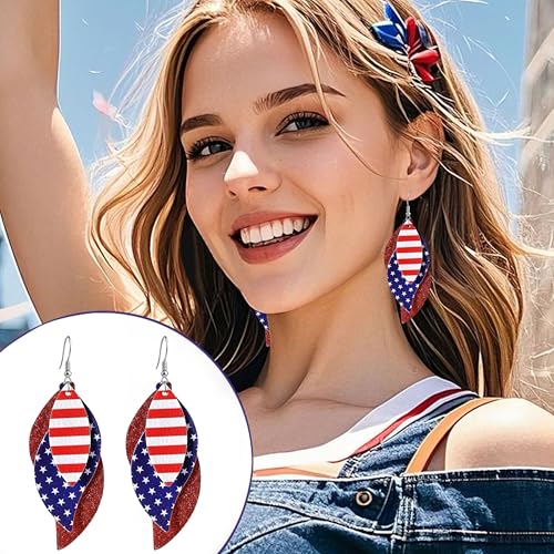 ANXIN boho unique Leather Earrings 2 Layered Lightweight Faux Leather Leaf Earrings Layered Design Drop Earrings Gift for Women - color: Red White Blue