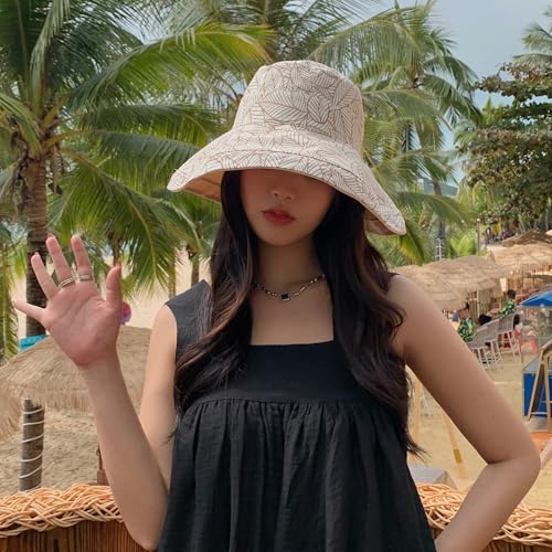 HUAMULAN Women Summer Sun Hat Wide Brim Wired Edge Floral Beach Bucket Hats Reversible Foldable Travel UV Protection Lady Hat - color: Beige