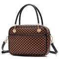 Chic Woven Crossbody Camera Bag, Soft Vegan Leather Purse with Designer Look & Braided Handle - color: Black and Brown Checkered