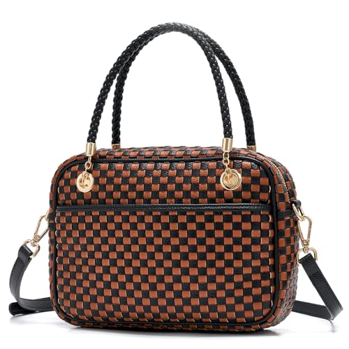Chic Woven Crossbody Camera Bag, Soft Vegan Leather Purse with Designer Look & Braided Handle - color: Black and Brown Checkered