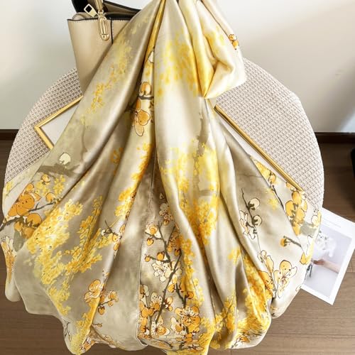 Long Silk Like Scarf Lightweight Satin Scarves Large Sunscreen Shawl Wrap for Women - color: 021.flowers Yellow