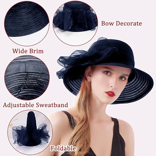 Women's Kentucky Derby Church Dress Hat Wide Brim Leaf Flower Bridal Shower Hat - color: 01 Darkblue