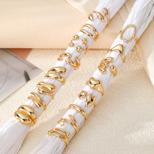 IFKM Gold Chunky Rings Set for Women 14k Gold Plated Thick Dome Stackable Open Rings Trendy Dainty Minimalist Jewelry Gifts - color: Gold, style: 16pcs Encircle