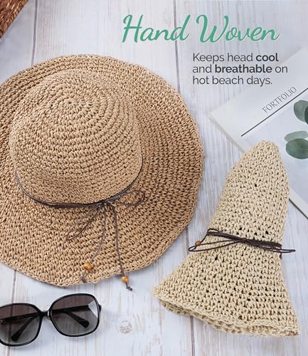 Hat Hut Floppy Beach Hat Crochet Straw Sun Hats for Women Wide Brim Handmade Summer Travel Hat Foldable Packable (US, Alpha, One Size, Khaki)