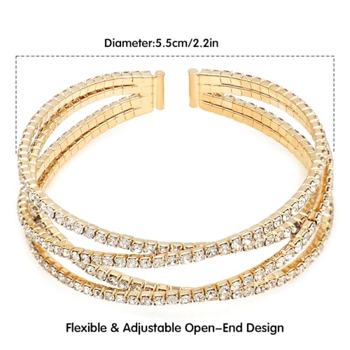 Women's Multi-Layer Rhinestone Cuff Bracelet Sparkling Crystal Tennis Bangle for Bridal Wedding Party - color: 1221 Gold