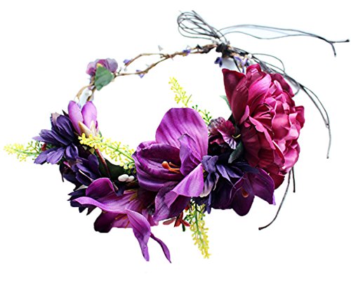 Vivivalue Floral Halo Boho Flower Headband Floral Crown Headpiece Hair Wreath with Ribbon Wedding Party Prom Photos Festival Purple - color: 33