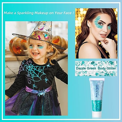 MEICOLY Teal Body Glitter,Holographic Mermaid Face Glitter Gel for Halloween Face Paint,Dazzle Green Chunky Glitter for Face Body Hair,Sparkling Self-Adhesive Gel Glitter Makeup for Women and Kids - color: dazzle green body glitter