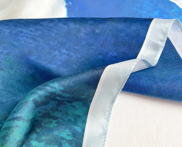 MEISEE 100% Pure Mulberry Silk Scarf 21" Square Scarf Neckerchief Headscarf Breathable Lightweight for Women Gift Packed - color: M3 Blue Oil Painting