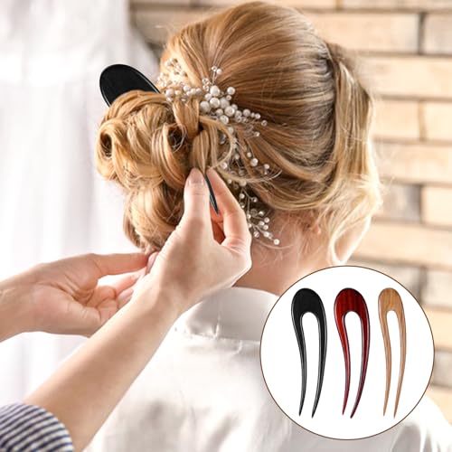 3 Pack Wooden Hair Sticks for Women, French U Shaped Hairpin with Two Prongs Hair Clips Handmade French Hairs Stick Vintage Matte Hairpins for Women Bun Updo Hairstyle