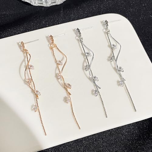 Temperament Long Zircon Tassel Earrings for Women Charm Jewelry Sparkling Crystal Leaves Twist Dangle Earrings for Friends - color: Silver