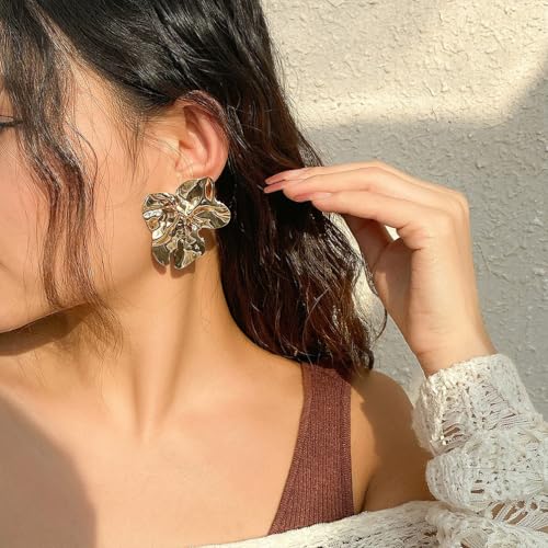 Statement Chunky Gold Large Silver Earrings for Women Trendy, Big Irregular Geometric Dainty Liquid Metal Stud Earrings Simple Prom Party Jewelry Gift - color: Gold -Cute