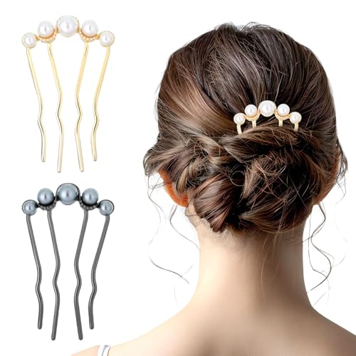 2 Pcs Pearl Hair Pins for Buns, Metal U Shaped Hair Fork Vintage French Twist Hair Side Combs for Women Girls Hair Styling Accessories for Wedding Party Holiday Daily