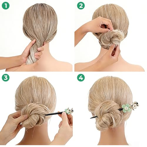 4Pcs Japanese Hair Pin,Chinese Retro Wooden Hair Stick Fork,7" Asian Hairs Accessories with Flower Bead Pendants Vintage Tassel for Long Thick Hairstyle Bun(Multi-colored)