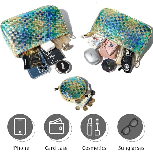 Handmade Woven Small Crossbody Bag for Women with Coin Purse, Designer Shoulder Handbag 3pcs Set, Mini Tote Clutch - color: Green Multicolor