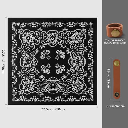 27.5 Inches Western Bandana Scarf With Leather Scarf Buckle, 100% Cotton Neck Scarf for Men Cowboy Scarves - color: Black