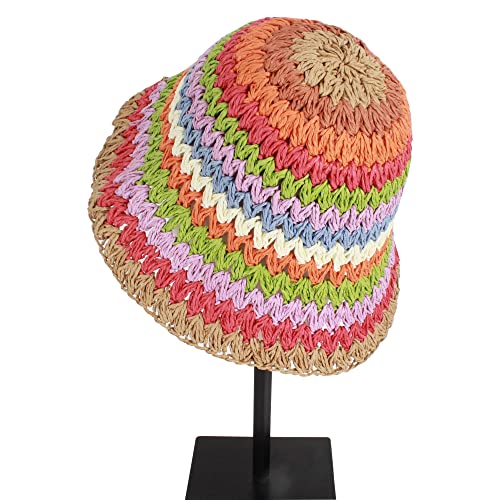Women Straw Sun Hat Floral Woven Crochet Bucket Hat Y2k Aesthetic Accessories Beach Hat Hand Woven Boho Foldable Cap - color: Striped a