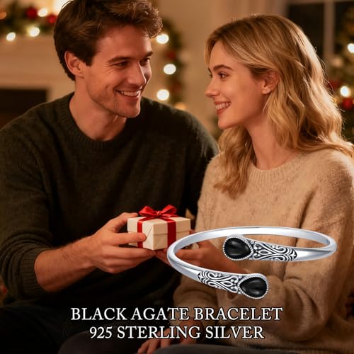 925 Sterling Silver Genuine Gemstone Bracelet for Women Men Handmade Adjustable Boho Navajo Style Bangle Cuff Natural Stone Jewelry Gift - color: Black Onyx