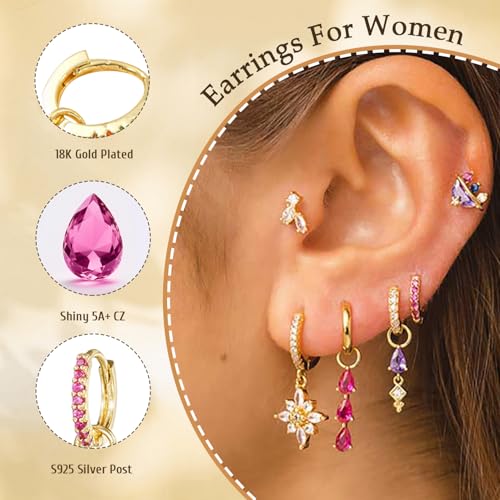 6pcs Gold Hoop Earring Stacks For Women Dainty Colorful Cubic Zirconia Huggie Earrings 18k Gold Hoop Earrings Cartilage Stud Earring Sets For Multiple Piercing - style: Fashion-B